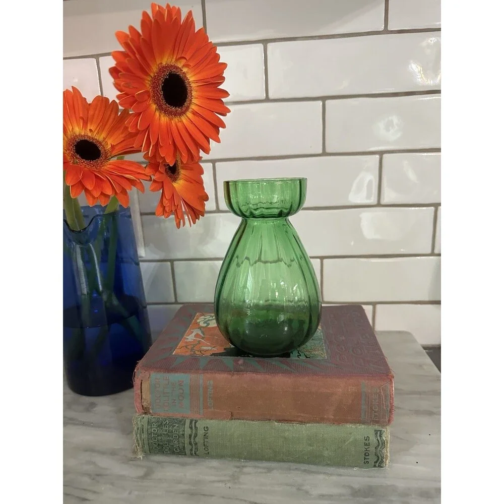 Beautiful Vintage Emerald Green Optic Glass Hyacinth FORCING VASE 6